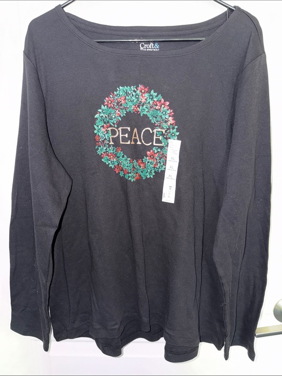 Croft & Barrow Tops - Croft & Barrow Black Long-Sleeve Shirt with Festive Wreath and PEACE Graphic